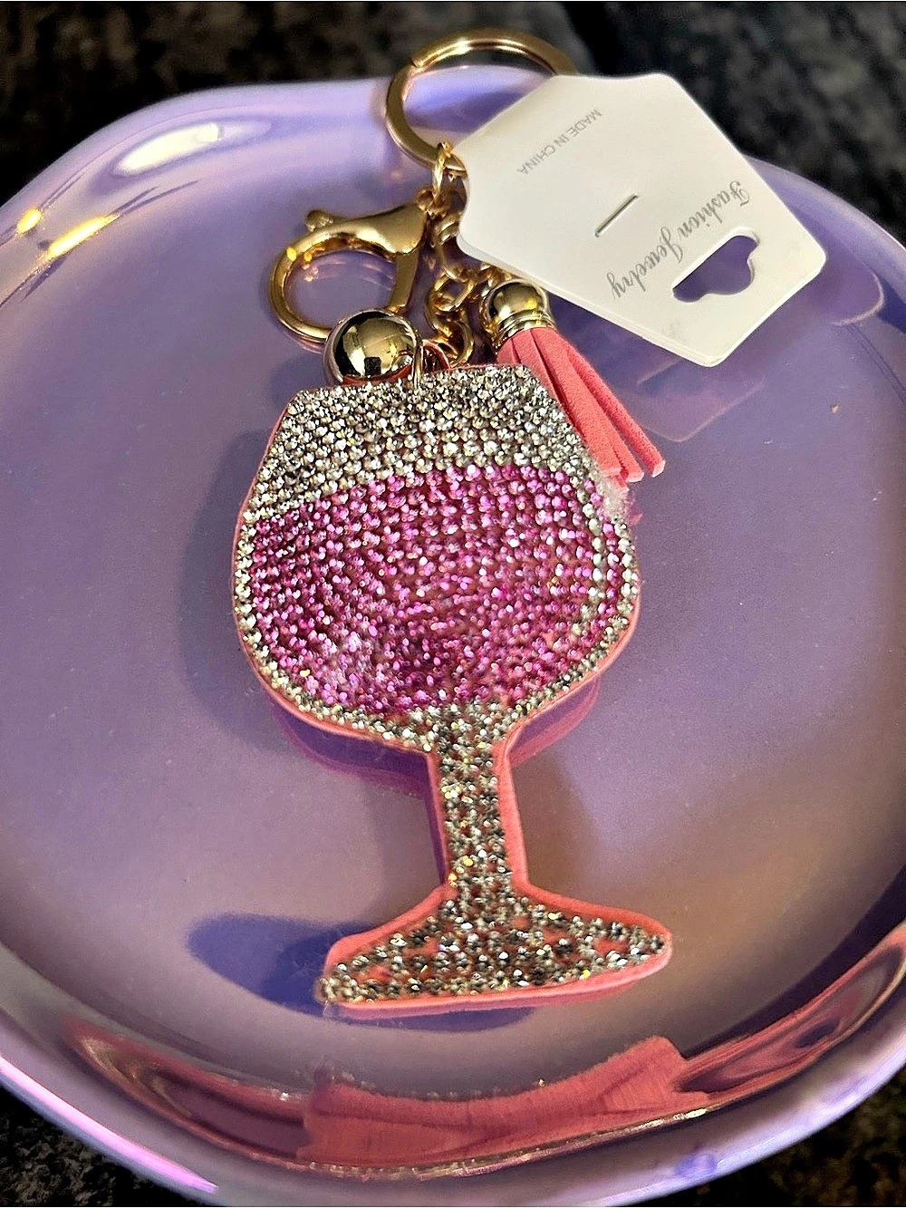 Rhinestone Wine Glass Keychain in Pink